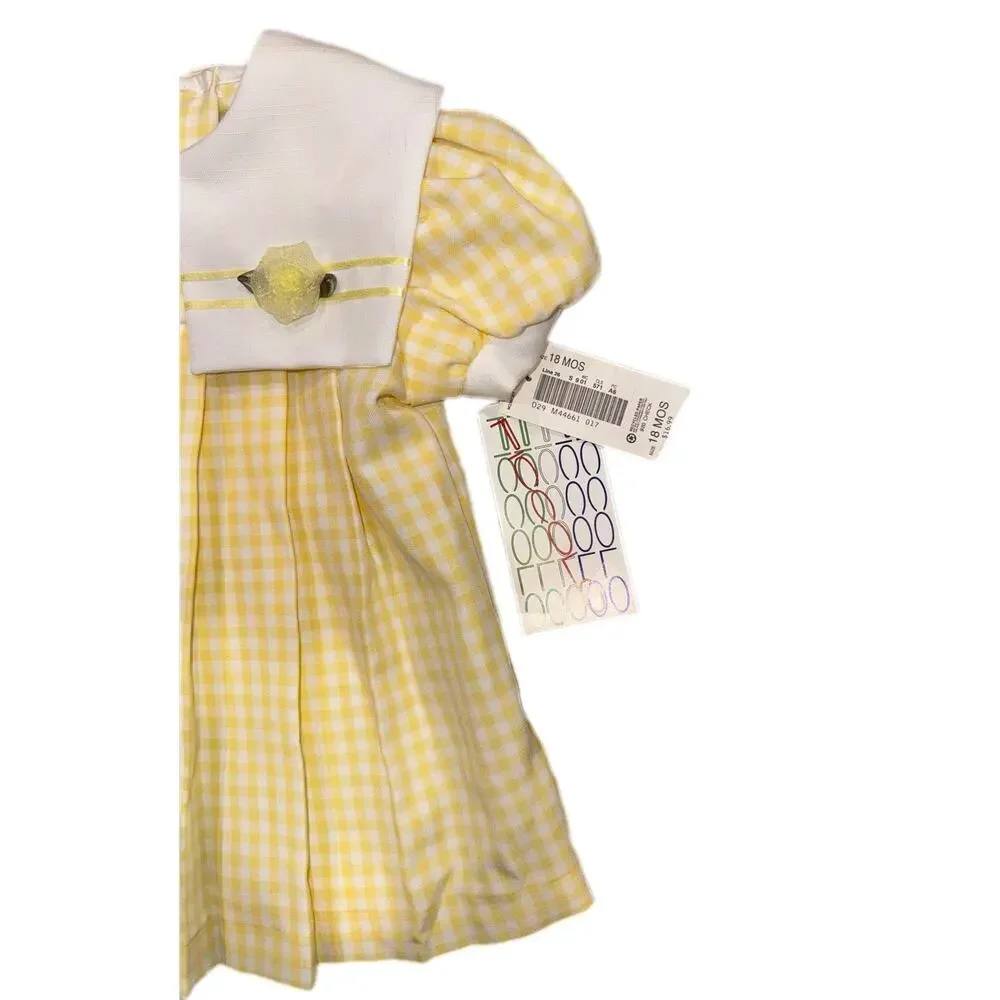 NWT Piccolo Vintage Yellow Gingham Pleated Baby Dress White Sailor Collar 18M